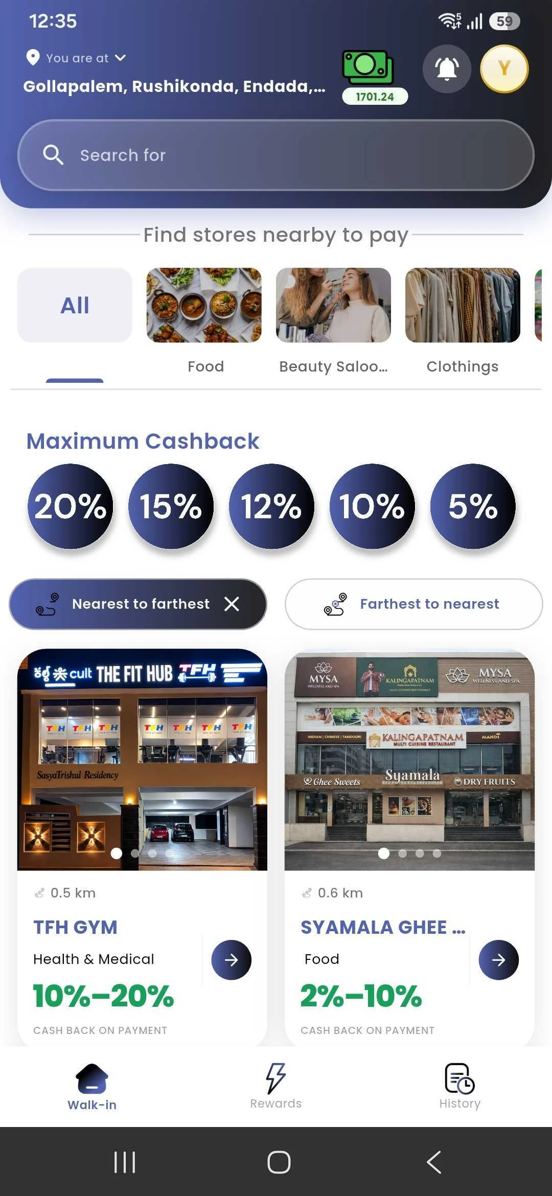 Payzo nearby stores screen