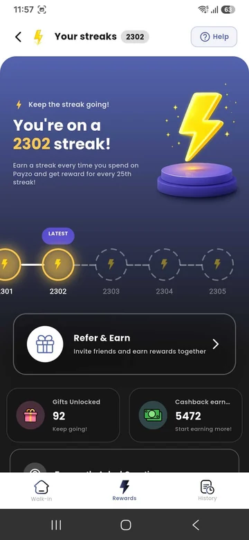 Payzo streaks screen